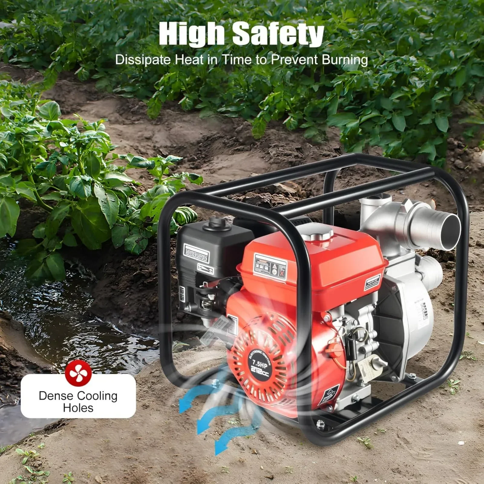 

3-дюймовый 7,5 л.с. 4-тактный водяной насос с бензиновым двигателем, портативный насос для перекачки воды для орошения 212CC для садового бассейна на газоне сельскохозяйственных угодий