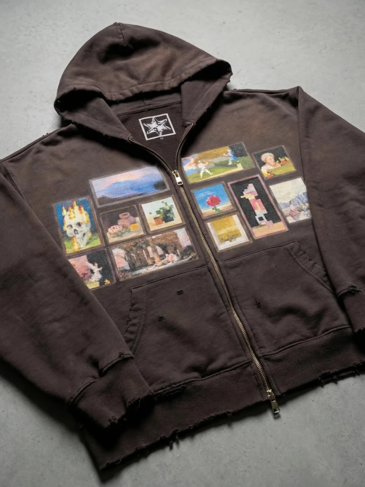 Sudadera con capucha Y2K Retro Gallery, diseño de pintura de píxeles marrón, con cremallera, estilo clásico moderno, ropa urbana unisex de gran tamaño