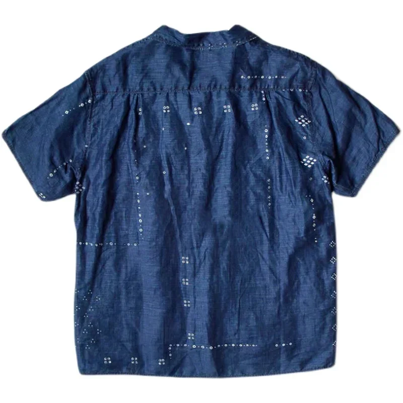 Blue Dyed Tannin Denim Cotton Linen Print Stitching Japan Vintage Short Sleeved Men and Women Loose Shirt KAPITAL Style