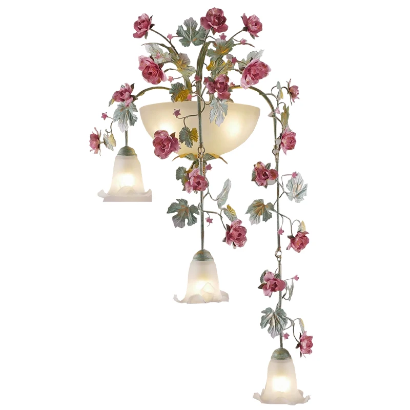 Rural Style Plant and Grass Lantern Wall Light Creative Art Bedroom Sconce Corridor Staircase Iron Rose Wall Lamp Flower Basket