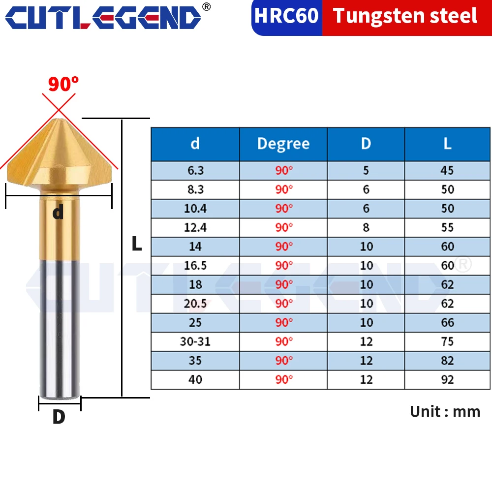 90 Degree Countersink HSS Chamfering Metal Milling Tool 1 Flute 3 Flute Cutter De-Durring Orifice Rose Cove Drill 6.3 8.3 10.4