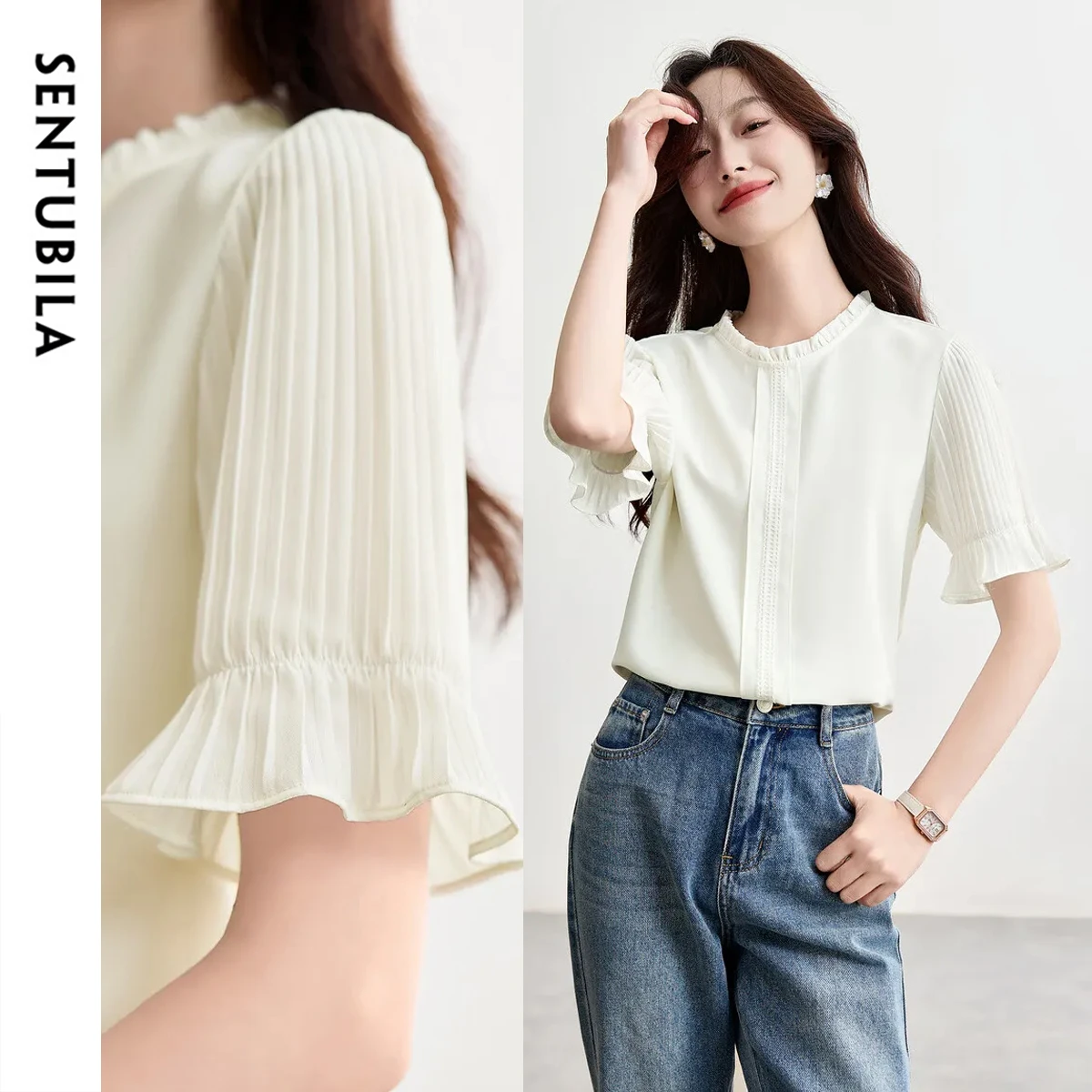 

SENTUBILA Chiffon Apricot Blouses Woman 2025 Elegant Summer Edible Tree Fungus Splicing Round Neck Loose Female Shirts 152VA2023