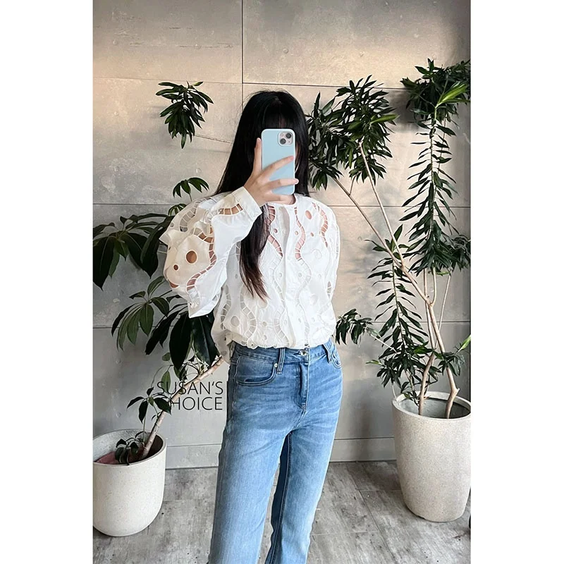 

Susan Faionable Simple Commute Casual round Ne Long Sve Two Color Loose Hollow out irt Top Women's Cotton Blend