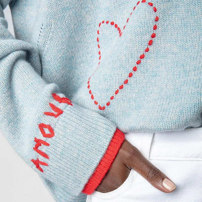 Azure Blue Sweater Womean Winter Cashmere Knit Sweaters Female Love Embroidery Autumn Knitwear Fashion Letter Heart Pullover