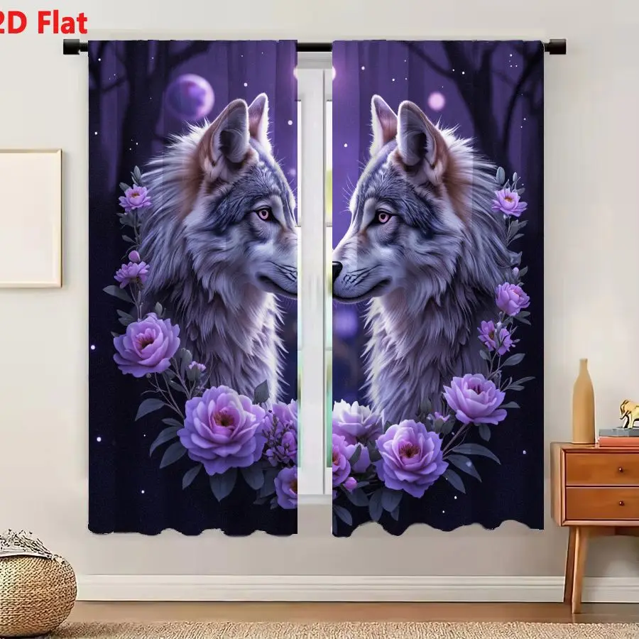 2Pcs Curtains 2D Flat Two Wolves Touching Noses In A Mystical Forest With Purple Roses And Amber Eyes Window Drapes for Bedroom