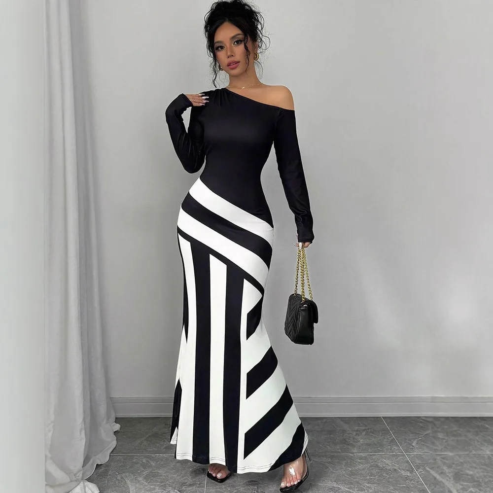 Femmes neuf-quarts manches noir et blanc impression numérique asymétrique rayure T-Shirt robe à la mode décontracté Maxi robe Robes