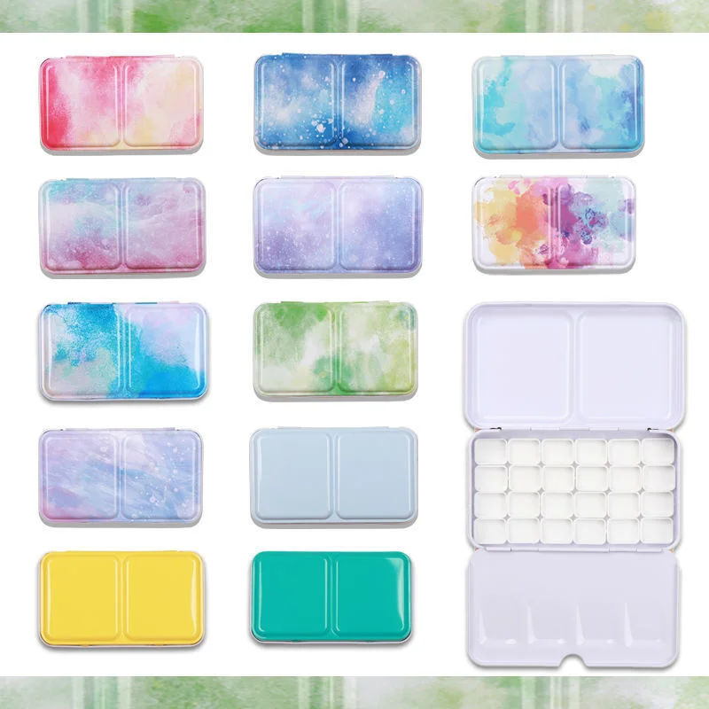 Solid Watercolor Paint Box DIY Sub-packaging Iron Box Three-fold Portable Color Tray with Card Slot Multi-color Optional