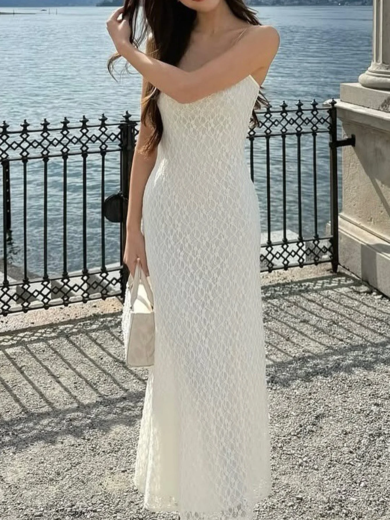 

Gtpdpllt French Elegant Mesh Lace Dress Woman White Outfits Summer Spaghetti Strap Backless Fishtail Long Dresses