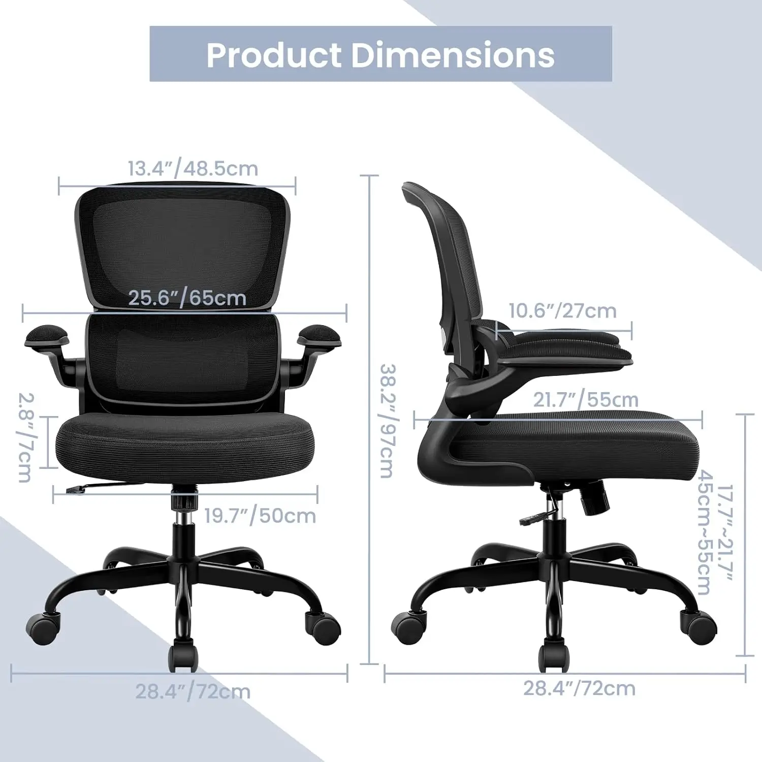 Desk Chair with Lumbar Support and Adjustable Armrests, Comfy Desk Chair Breathable Mesh Mid Back Computer Chair, Reclining Offi