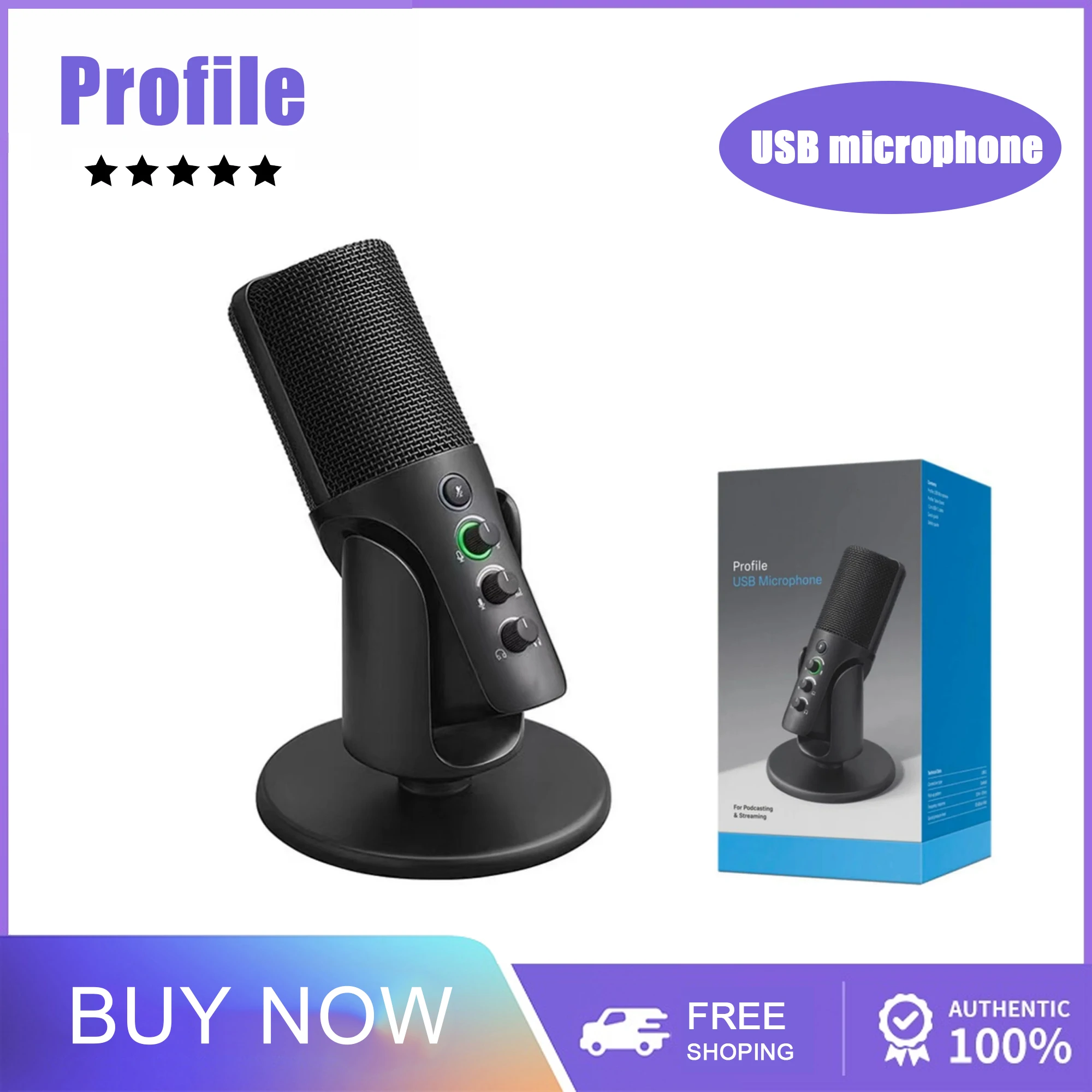 

Profile USB Microphone Professional Condenser Mic & Built-in Headphone Jack, Gain, Mix & Volume Control, for PC & Mac