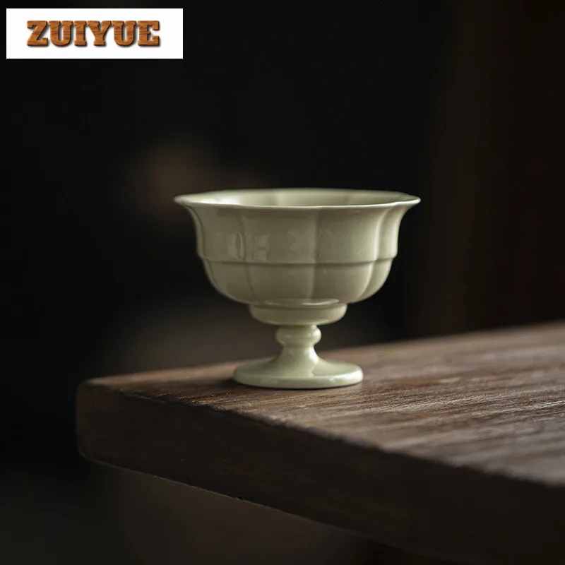 

90ml Handmade Reed Green Master Cup Boutique Flower Mouth Teacup Retro High-feet Meditation Cup Chazhan Chinese Tea Set Crafts