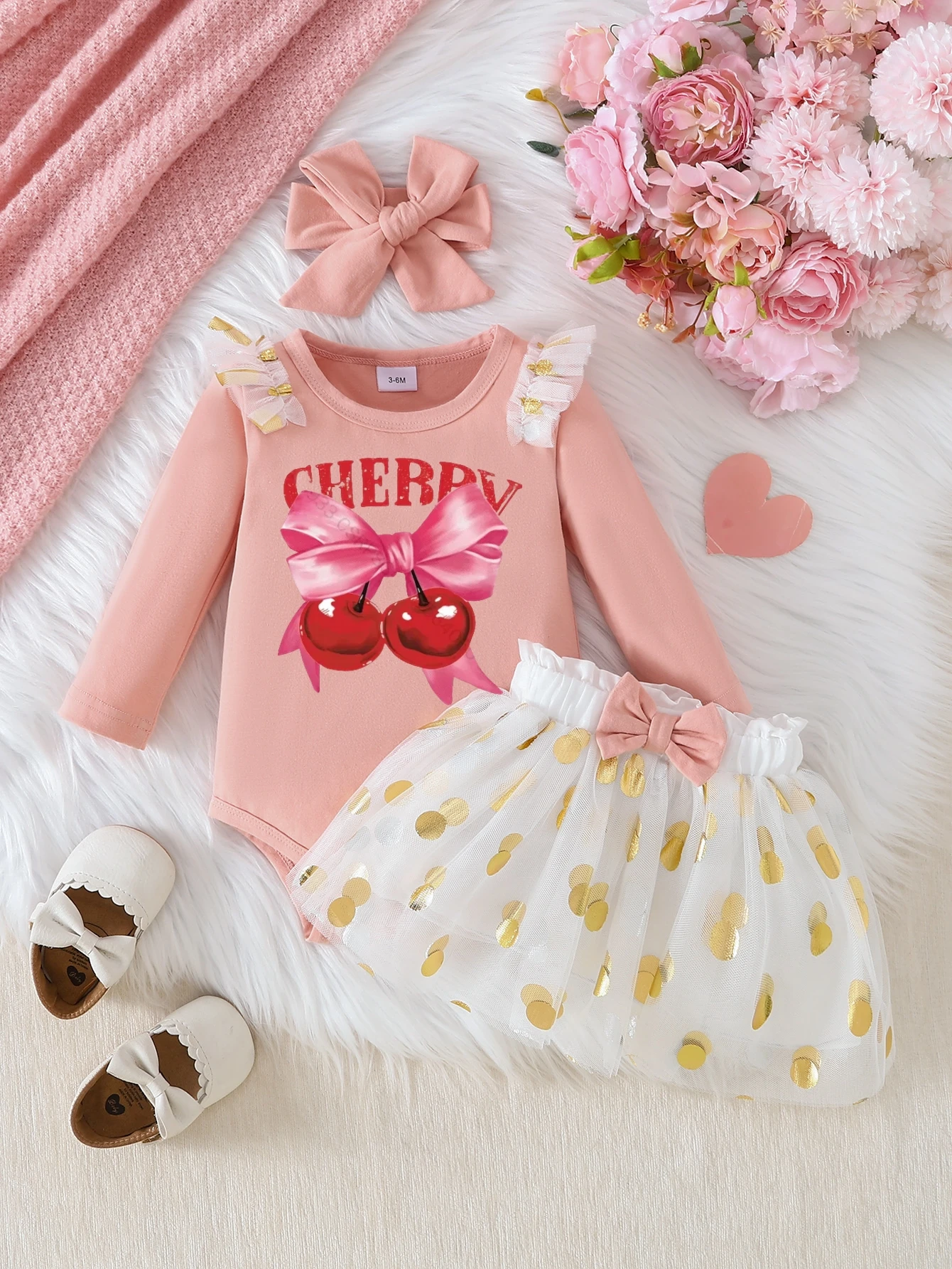 

Весенне-осенний комплект из 2 предметов для маленьких девочек | Купидон с вишневым принтом, тюлевая юбка в горошек и повязка на голову с бантом, очаровательная милая повязка на каждый день для прогулок/вечеринки