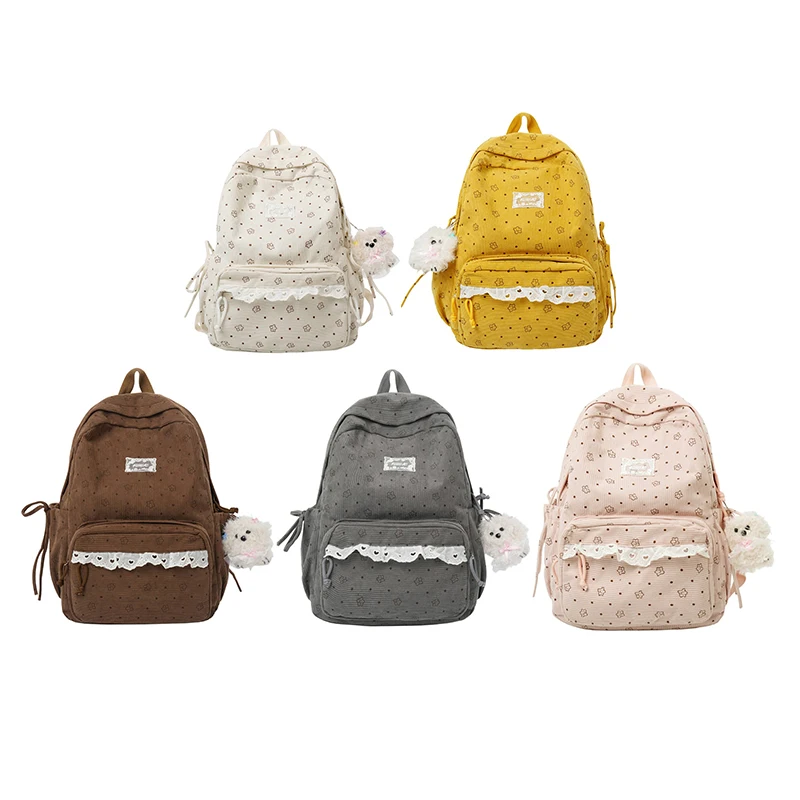 Polka Dot Print Cute Preppy Bag with Plush Pendant Laptop Daypack Lace Trim Cottagecore for Travel Commute Women Women