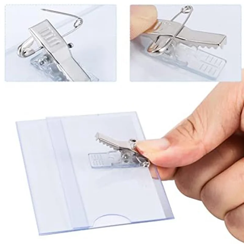 100Pcs Pin Style Clip Horizontal Name Badge Holders with Inserts Fit Card 90x55mm