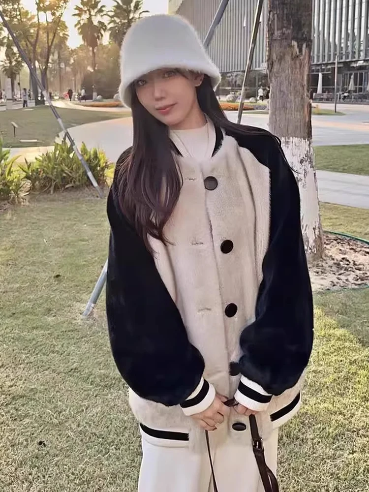 

plus Size 300 Pounds American Color Block Baseball Jacket Women's Autumn Winter Loose Casual Thick Warm Open Cardigan Coat