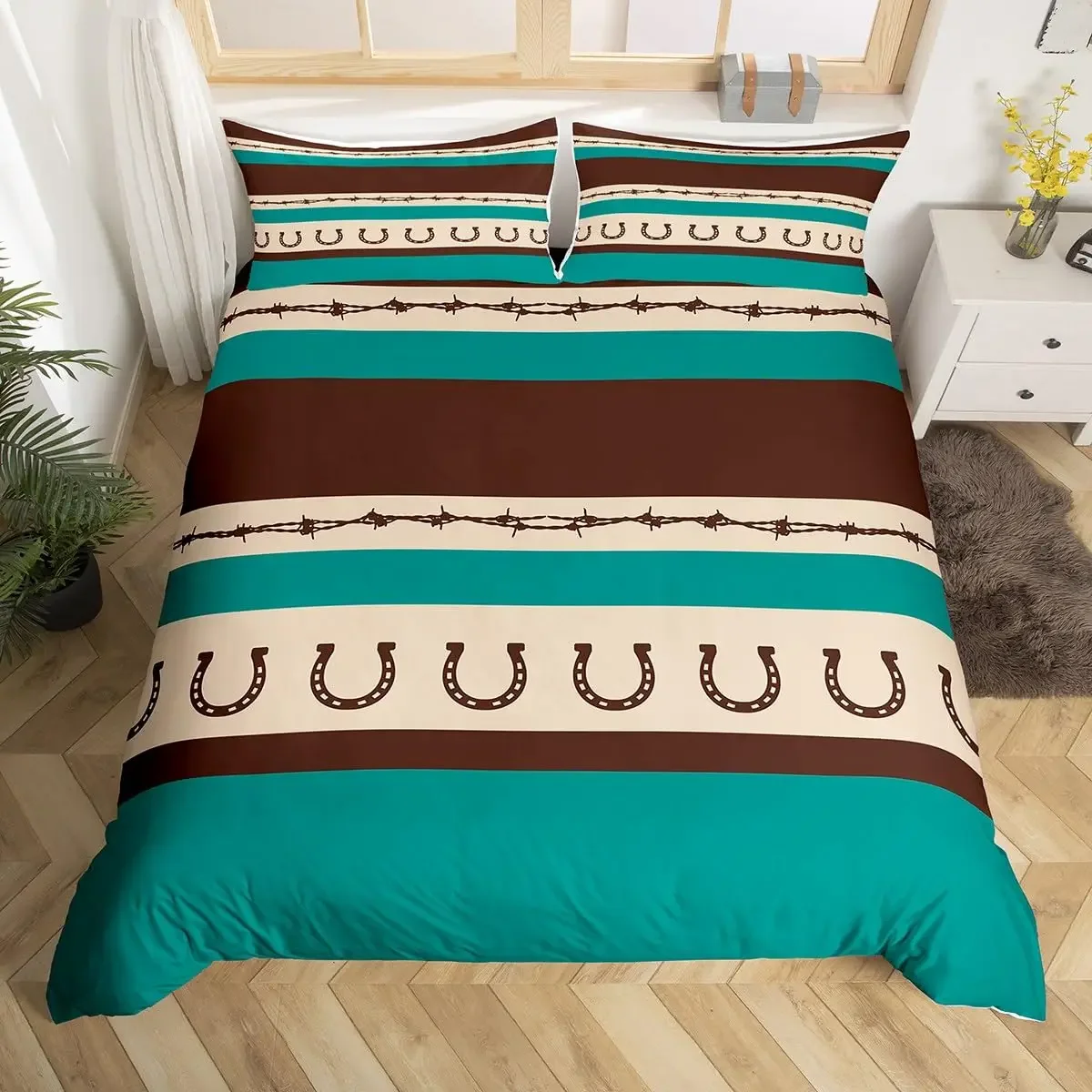 Rustic Farmhouse Bedding Set Western Horseshoe Duvet Cover For Boys Girls Teen Cowboys Cowgirls Quilt Cover With 2 Pillow Cases