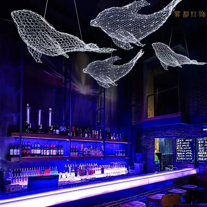 Industrial Iron Net Fish Shaped Pendant Light Clothing Store Coffee Shop Animal Modeling Hanging Lamp Decorative Ceiling