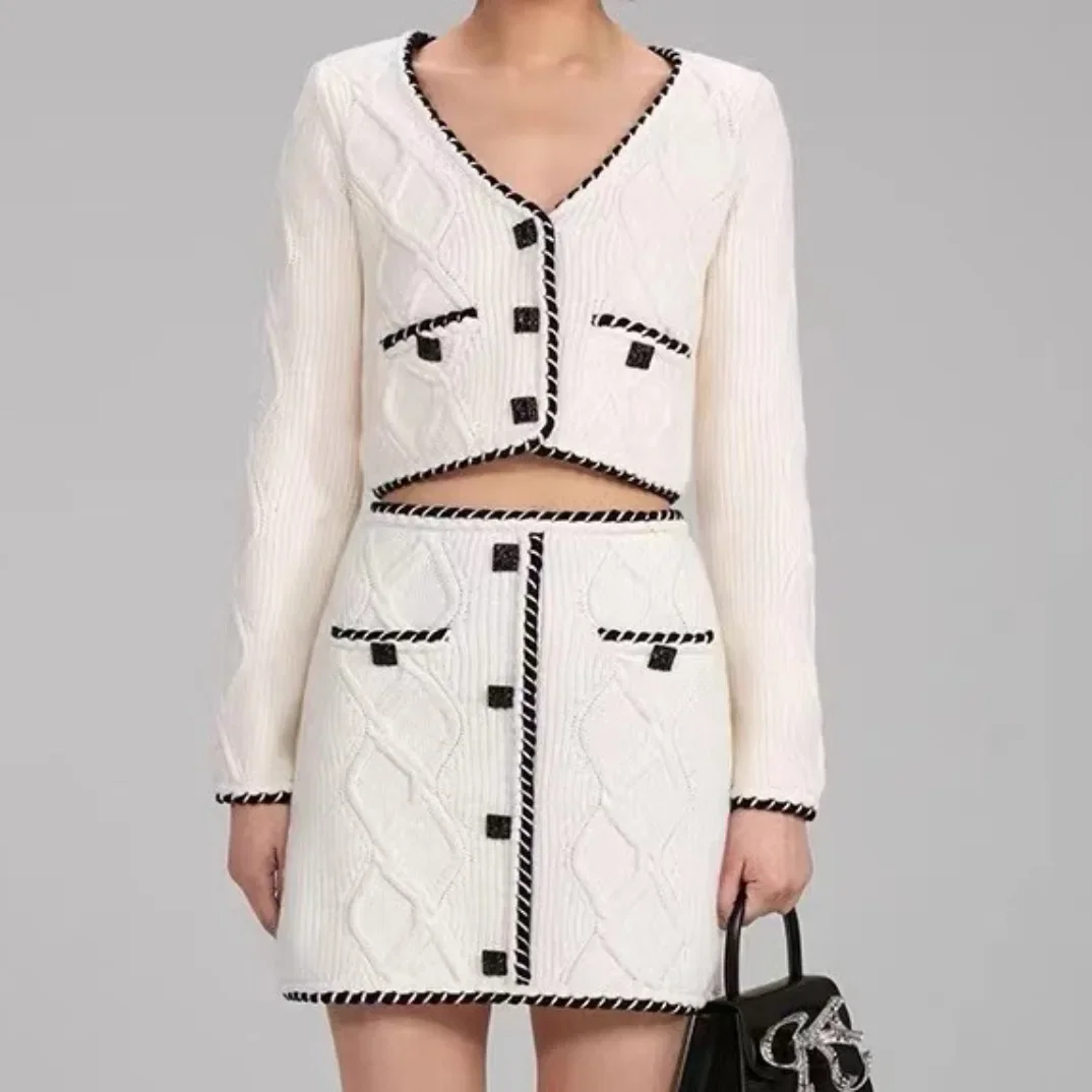 Party's 2024 New White Casual Top Quality High Quality Arrivals Long Sleeve Knit Cardigans and Skirt for Women