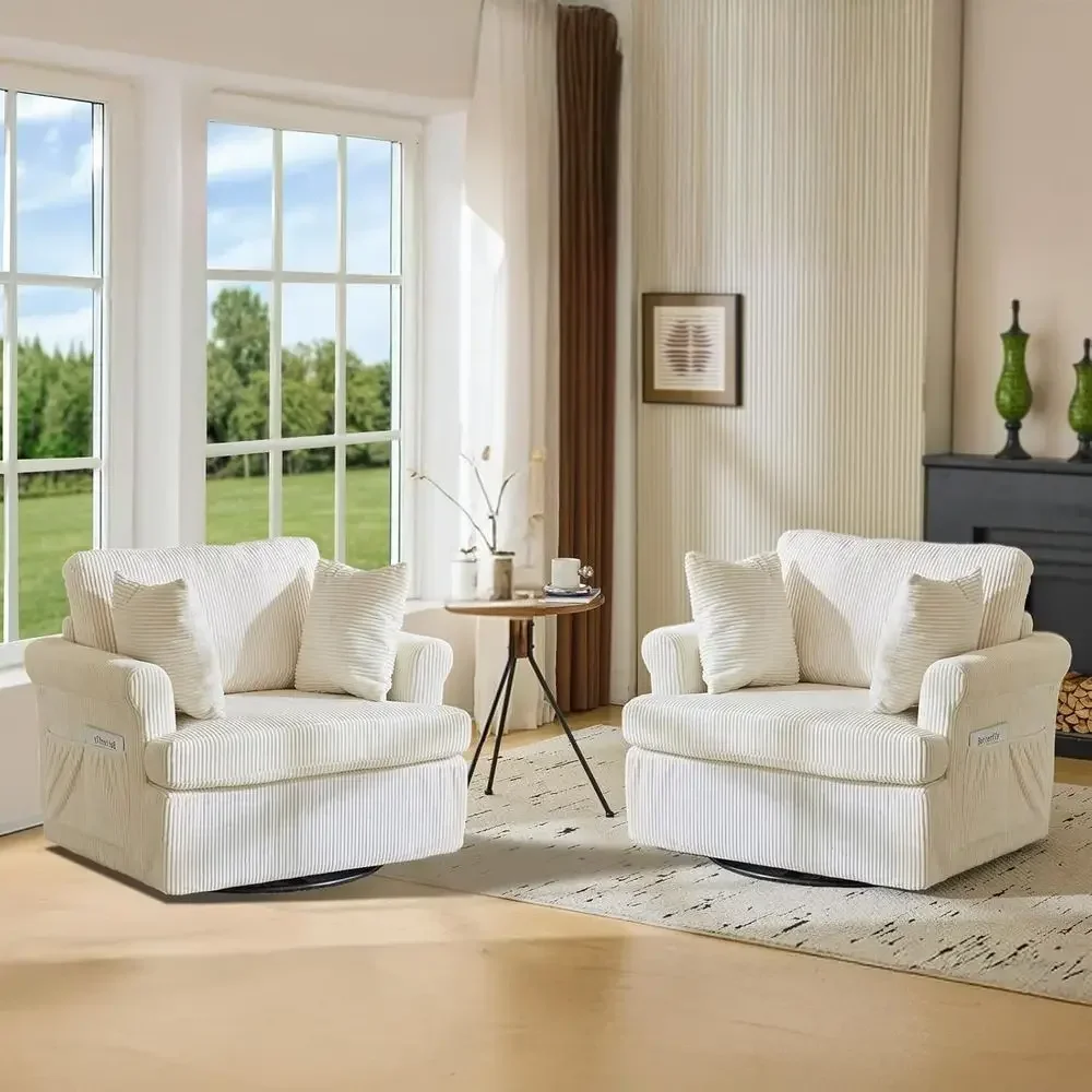 Oversized 360° Swivel Armchairs Set of 2 with Pillows, Corduroy Beige, Ideal for Living Room, Bedroom, Reading Room