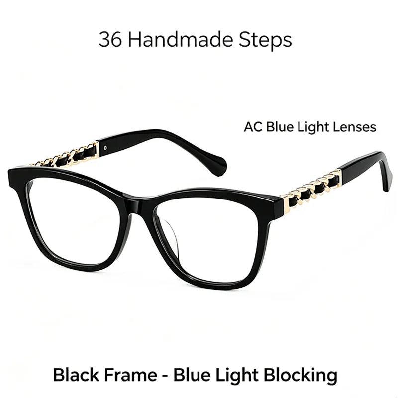 Chic Women Cat Eye Eyeglasses Frame Luxury Chain Leather Temples Anti Blue Light Optical Spectacles Vintage Acetate Plate Fashio