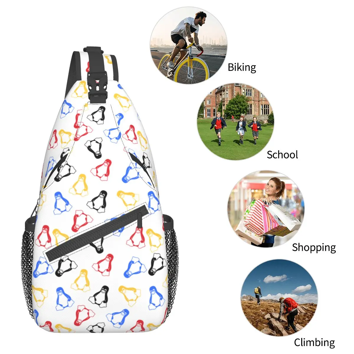 Linux Penguin Tux Crossbody Sling Bag Casual Chest Bag cartoon Shoulder Backpack Mochila para Caminhadas Outdoor Camping Satchel