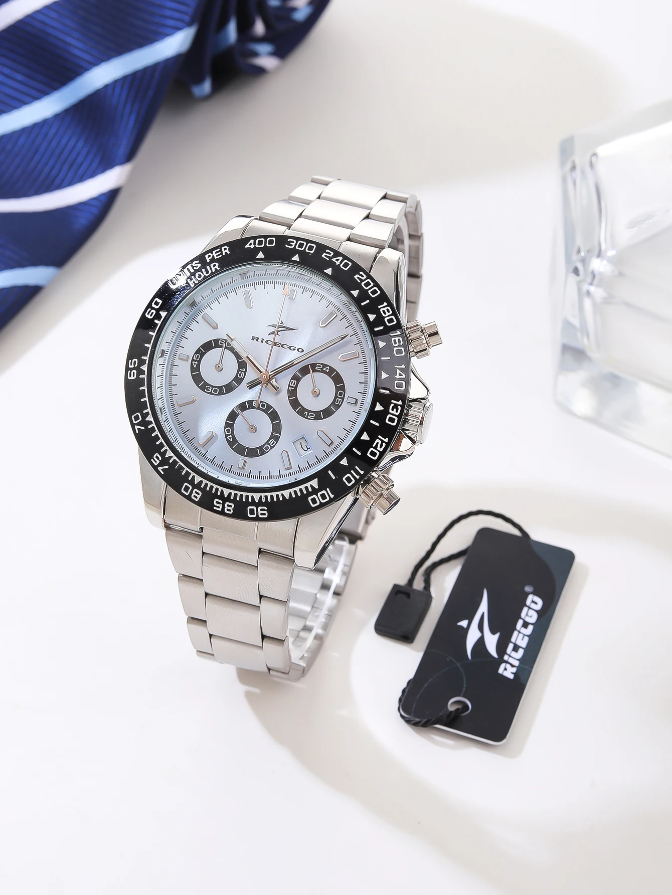 Men's timing quartz watch, stainless steel strap, multifunctional dial, speed measuring ring, small dial design, trendy sports s