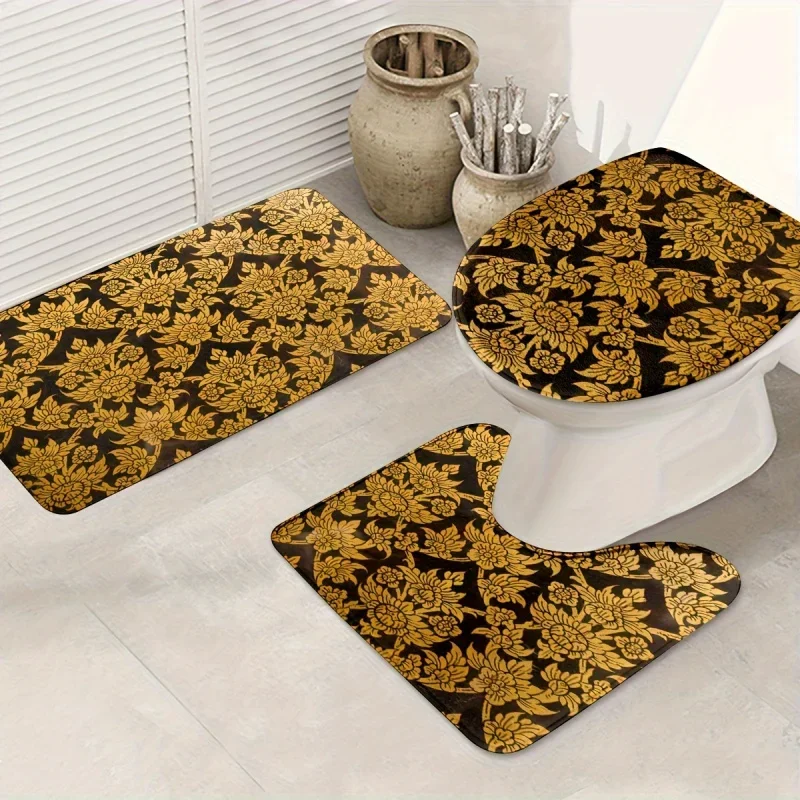 

Set of 3 Decorative Luxury Gold Floral Toilet Mats, Floor Mats, Bathroom Floor Mats, Toilet Seat Waterproof and Non-slip
