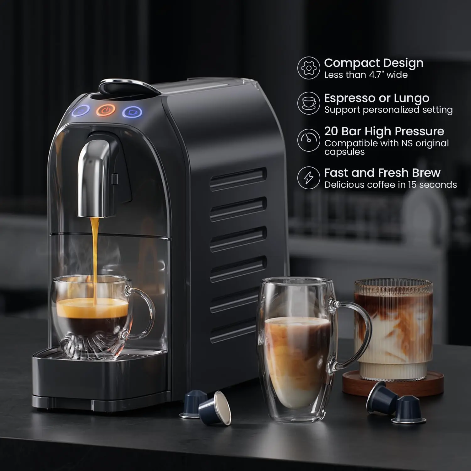 Espresso Capsule Machine Compatible with N Pods, 20Bar Pump for Home & Office