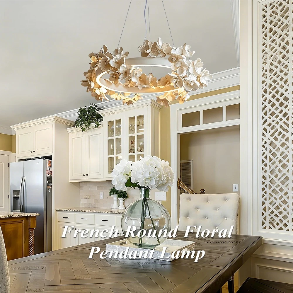 French Round Floral Pendant Lamp For Living Dining Room Kitchen Table Cream White Resin Hanging Light Double Layer Chandelier