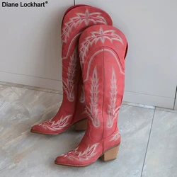 2025 Winter Embroidered Wide Knee High Boots Women Pointed Toe High Heels Long Boot Designer Red White Western Cowboy Boots
