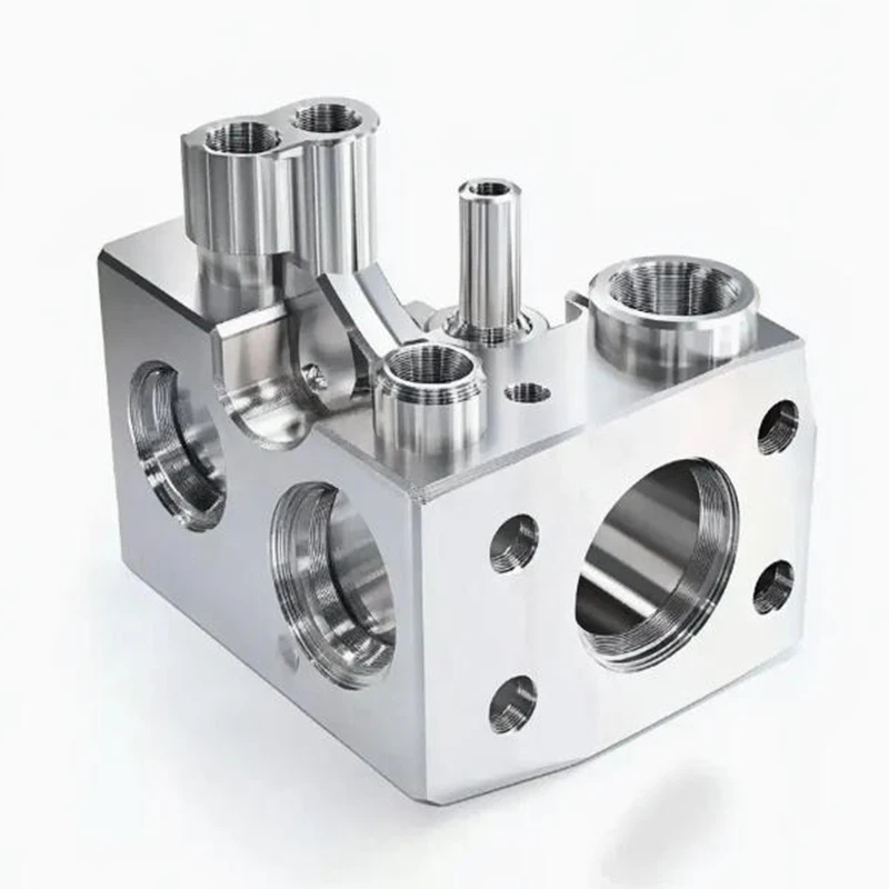5-Axis CNC Milling Turned Stainless Steel Square Hydraulic Manifold Block Brushed Surface Custom Tri-Way Threaded Pipe Fitting