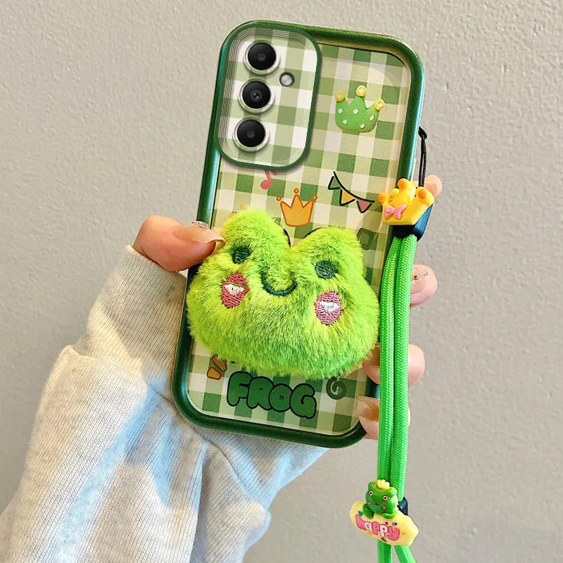 כיסוי טלפון נייד עם דמות צפרדע חמודה מתאים ל-Samsung Galaxy A06 A05 A04 A05S A04S צעצוע רך קרטון רצועת חבל תלייה