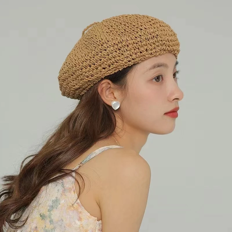 New Summer Solid Color Beret For Women Ins Popular Straw Crochet Fashion Hat Female Cool Cap Outdoor Spring Hat Boina Gift