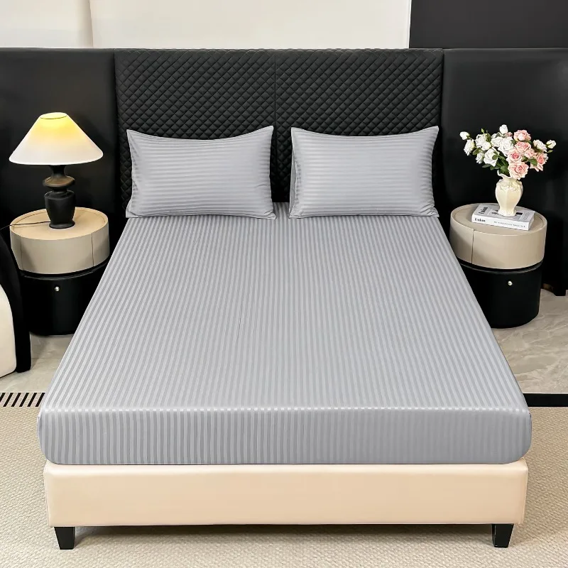 Satin Striped Fitted Sheet with Rayon Mattress Protector, Elasticated Sheet, Sizes 90/137/153/198. New and Stylish Bedding.