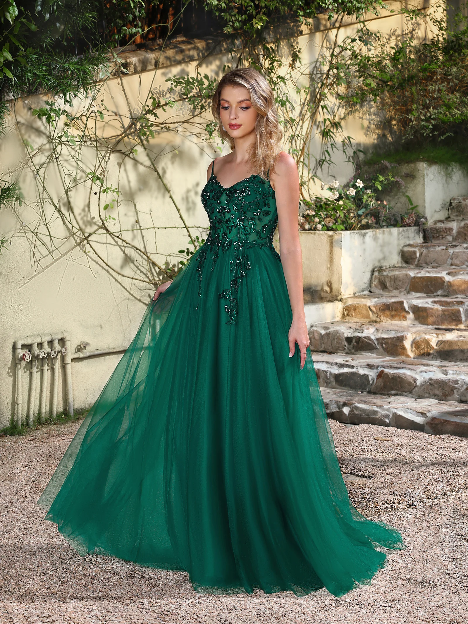 섹시한 더스티 블루 슬링 롱 드레스, 일루전 스팽글 아플리케, V넥 백리스 이브닝 드레스, 엠파이어 A라인 하이 슬릿 포멀 가운