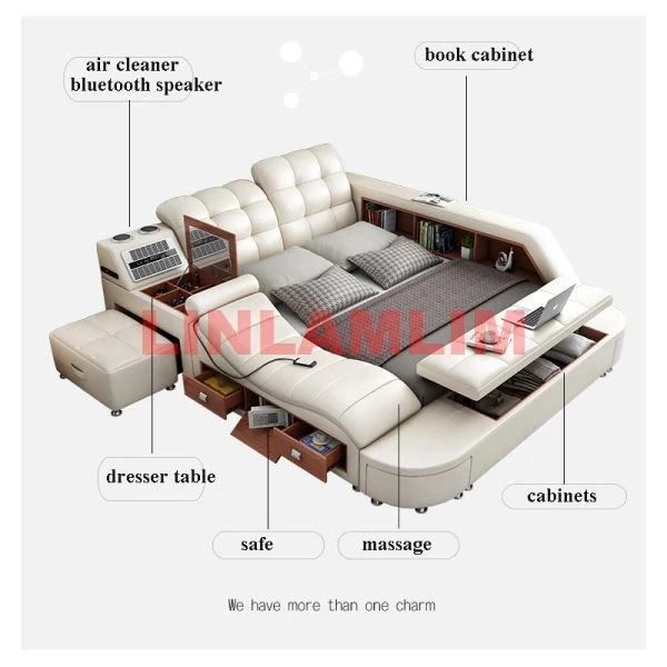 Genuine Leather Tech Smart Bed Multifunctional Beds Ultimate Massage Camas Upholstered Lit with Bluetooth Speaker,Air Cleaner