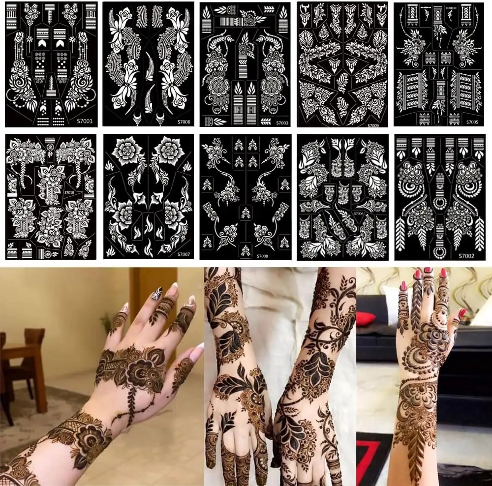 10 Sheets Henna Tattoo Stencils 10 Pair Arm Hand Henna Tattoo Template Temporary Indian Arabian Glitter Airbrush Tattoo Stickers