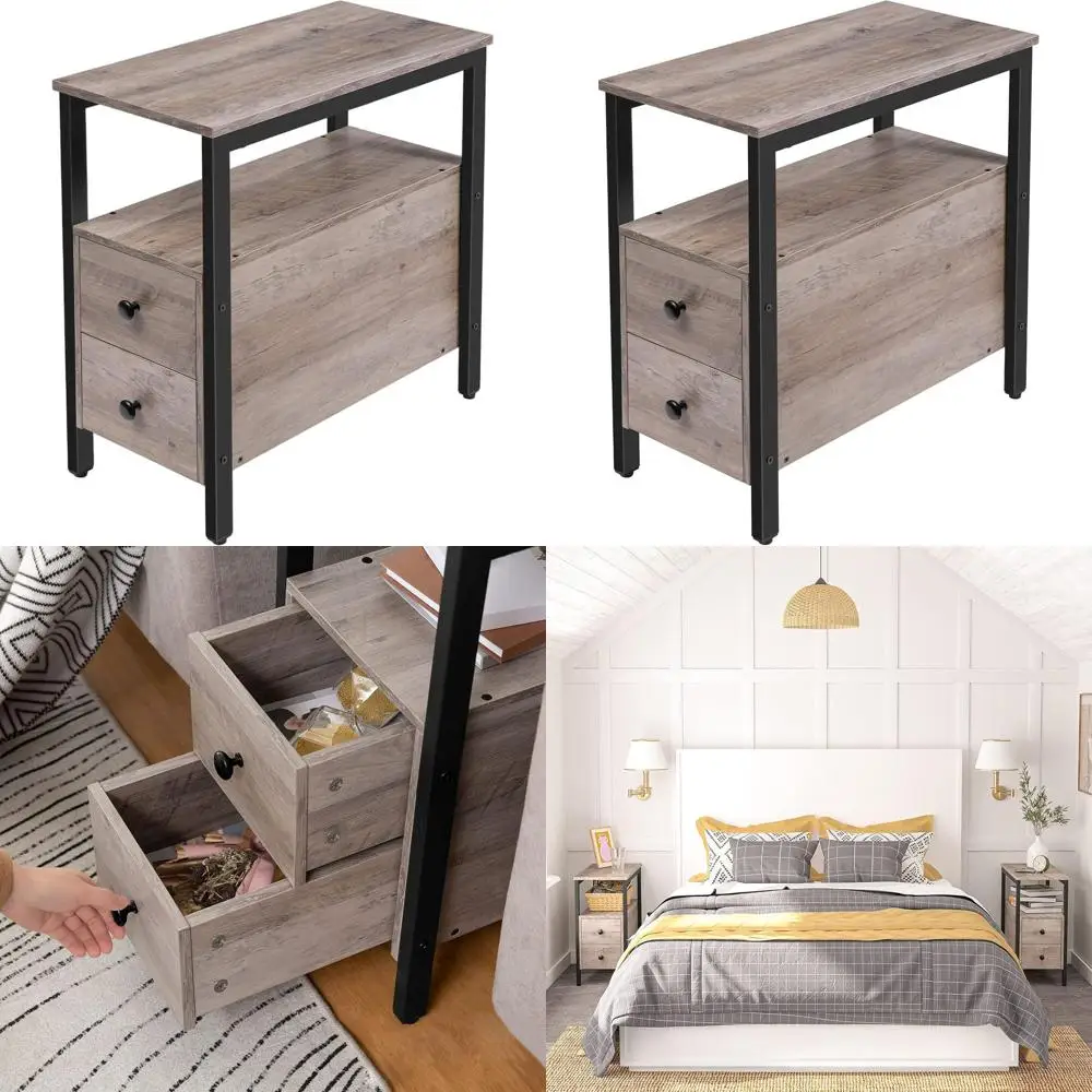 

Узкий приставной столик с ящиком и открытой полкой, идеально подходит для небольших помещений, деревянная мебель с акцентными элементами, цвет серо-бежевый и черный