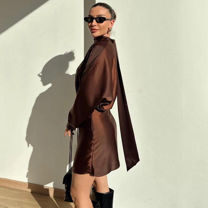 Typhaland Elegant Commute Satin Mini Dress Women's Fashion Sexy High Waist Crew Neck Long Sleeves Evening Party Dress Female