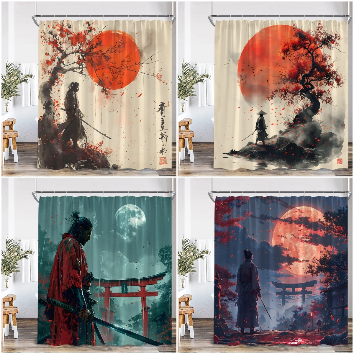 Japanese Warrior Samurai Shower Curtain Japan Shrine Red Full Moon Cherry Blossom Bathtub Decor Polyester Bath Curtain with Hook