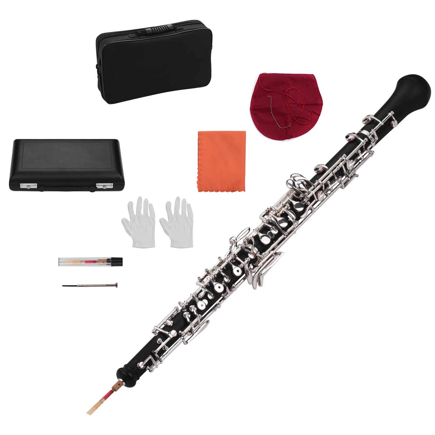 Professional Oboe C Key Semi-automatic Style Silver-plated Keys Woodwind Instrument with Oboe Reed Gloves Leather Case Carry Bag