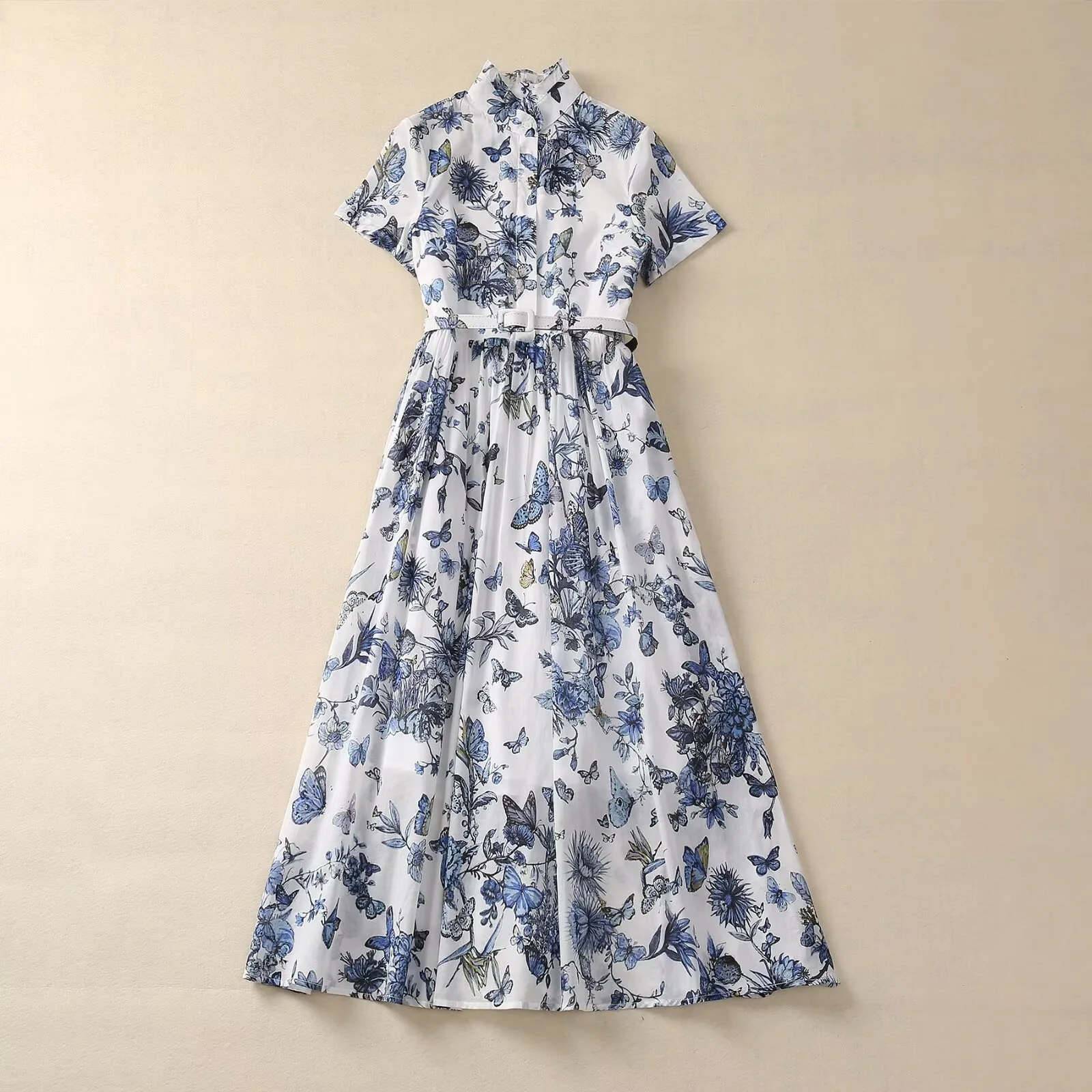 Fashion Spring Summer 100% Cotton Dress Women Ruffle Collar Short Sleeve Belt Floral Print Elegant Party Long Dress