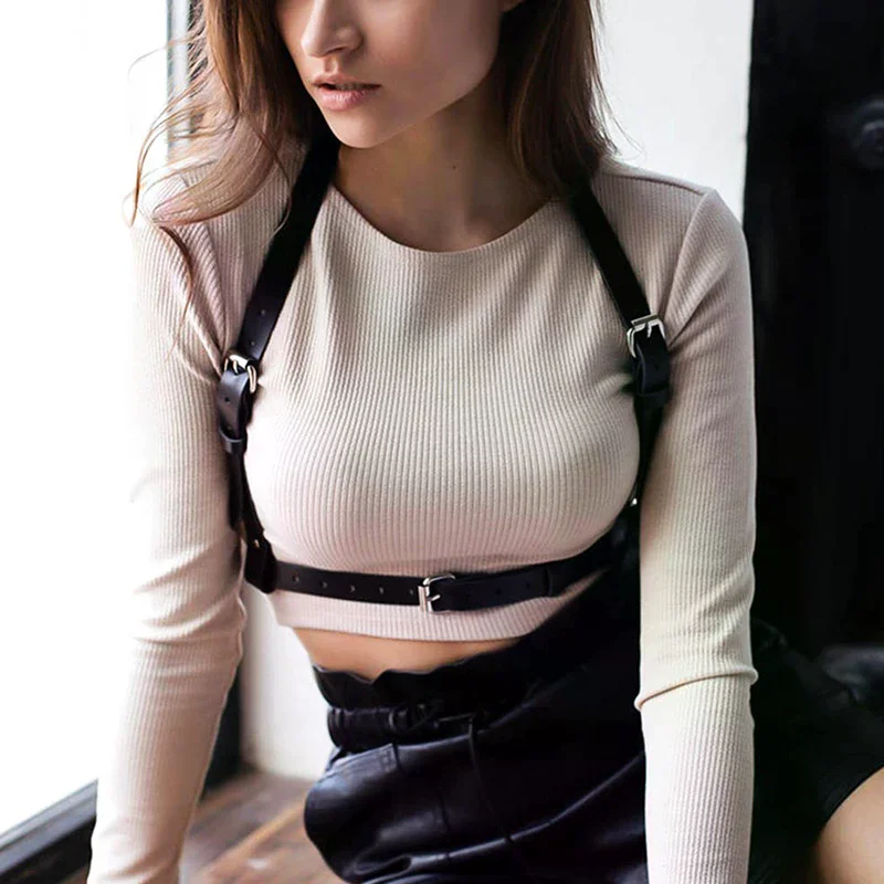 女性のファッションレザーチェストハーネスコルセットサスペンダーゴスフェティッシュ服フェスティバルレイブ衣装調節可能なベルトサイズ