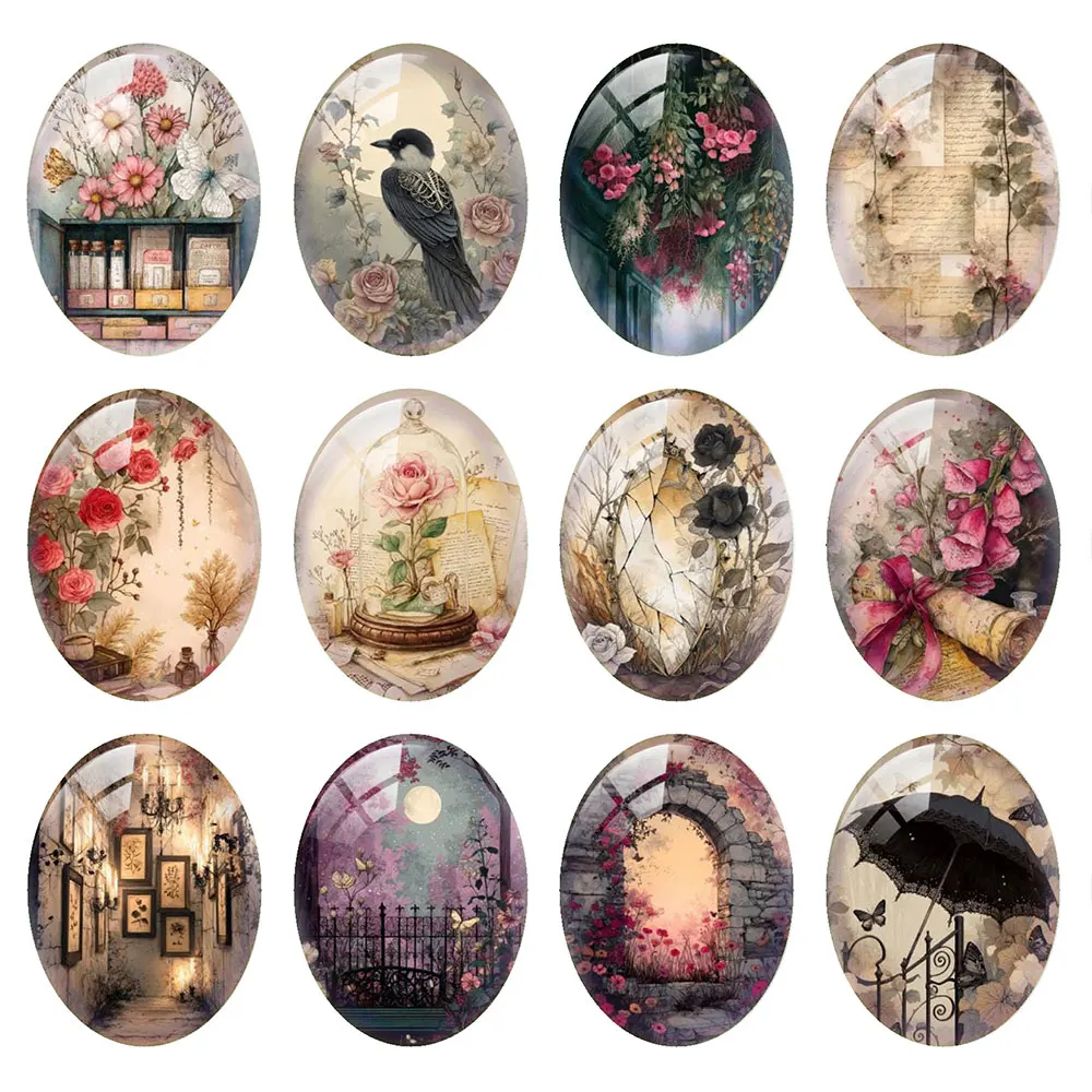 Random Mixed Round/Oval/Square Gothic Moon Castle Floral Fairy Photo Glass Cabochon Flatback Demo Cameo For Diy Jewelry Making