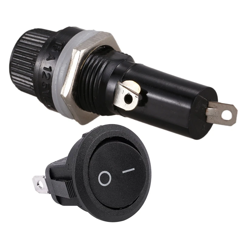 5Pcs SPST Black Button On/Off Round Rocker Switch With 5Pcs AC 125V 15A Panel Mount Fuse Holder