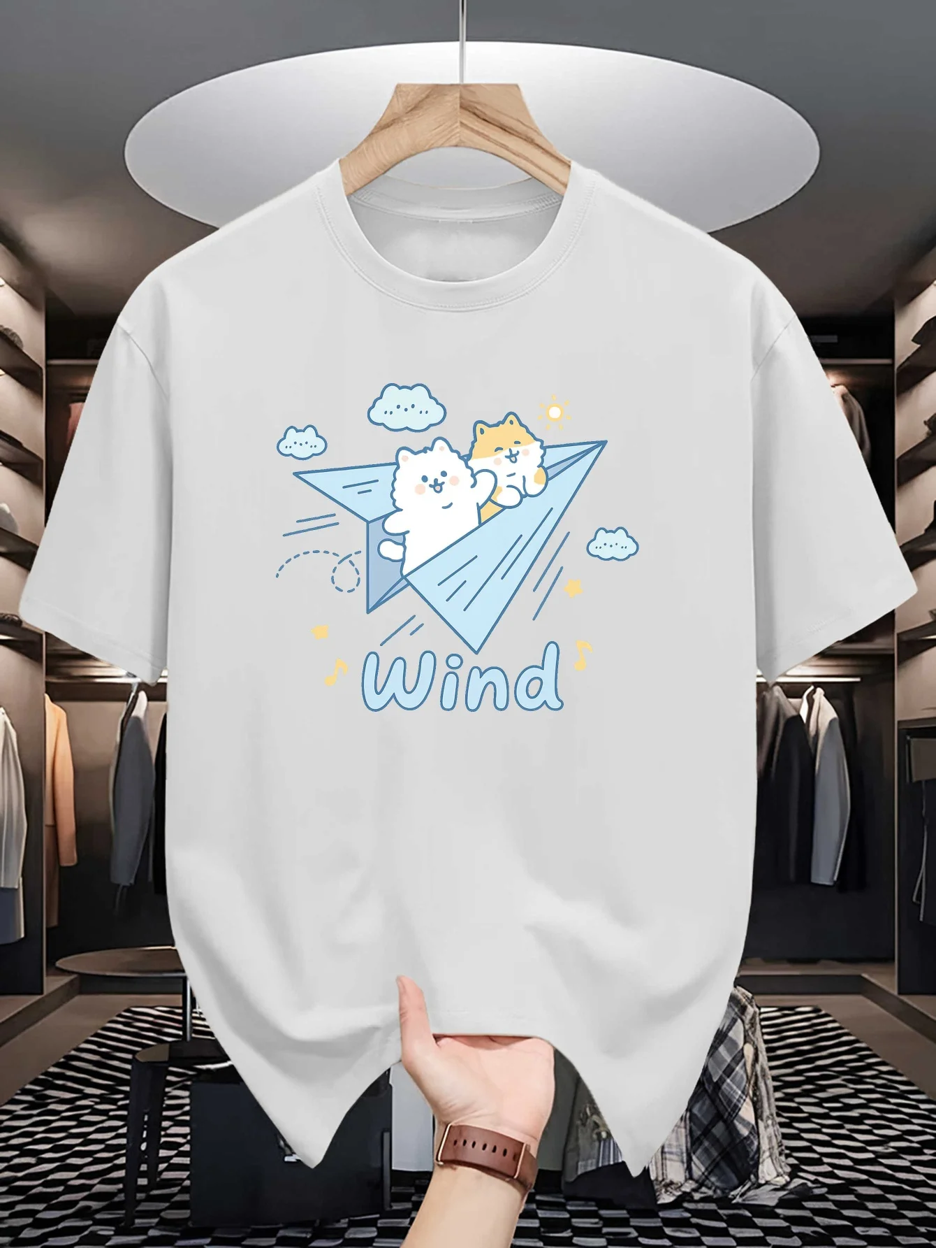Mens Crew Neck T Shirt Cute Puppies On Paper Plane Wind Cartoon Graphic Short Sleeve Casual Cotton Animal Lover Streetwear Tees
