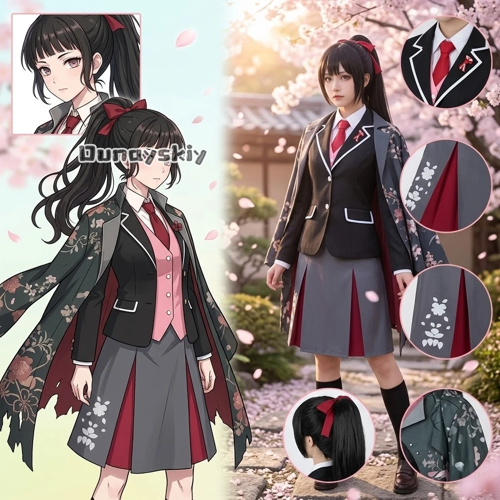 

LWW29*Sakura Himedaka Kawaii Pink Vest Black JK Coat Dress Wigs Cosplay Anime Agents Of The Four Seasons: Dance Of Spring
