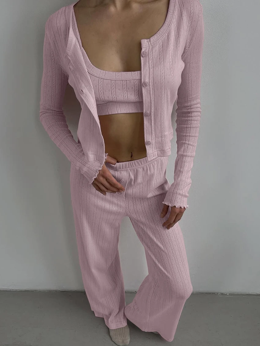 Marthaqiqi Home Clothes Ladies O-Neck Sleepwear Thank Tops Pajamas Long Sleeve Crop Top Nightwear Pants Nightgowns 3 Piece Suit