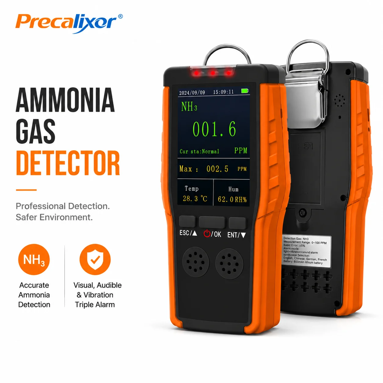 Rechargeable Ammonia Gas Detector 0~100 PPM, 0.1ppm Resolution, Electrochemical Sensor, Data Logger, Dual Alarm, °F/°C Switch