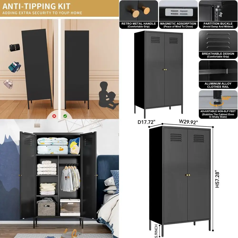 

Black Metal Wardrobe with Hanging Rod & 2 Adjustable Shelves for Kids' Bedroom or Home Storage